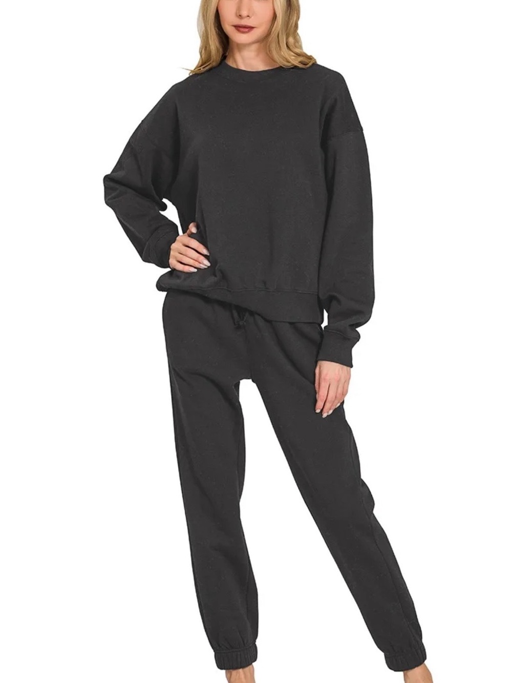 Zenana Outfitters Black Crewneck Sweatshirt Set; Size L